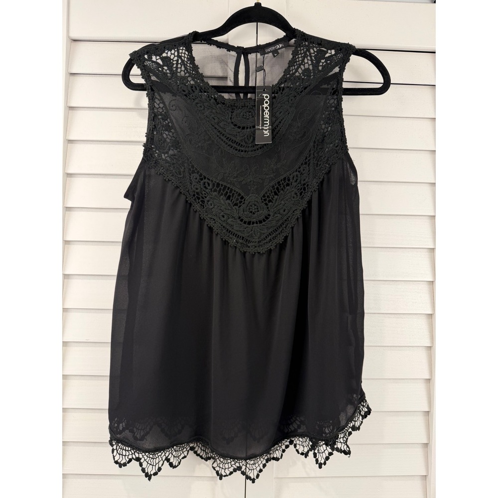 Papermoon‎ Lace Sleeveless Top Women L Black Crochet Mesh NEW